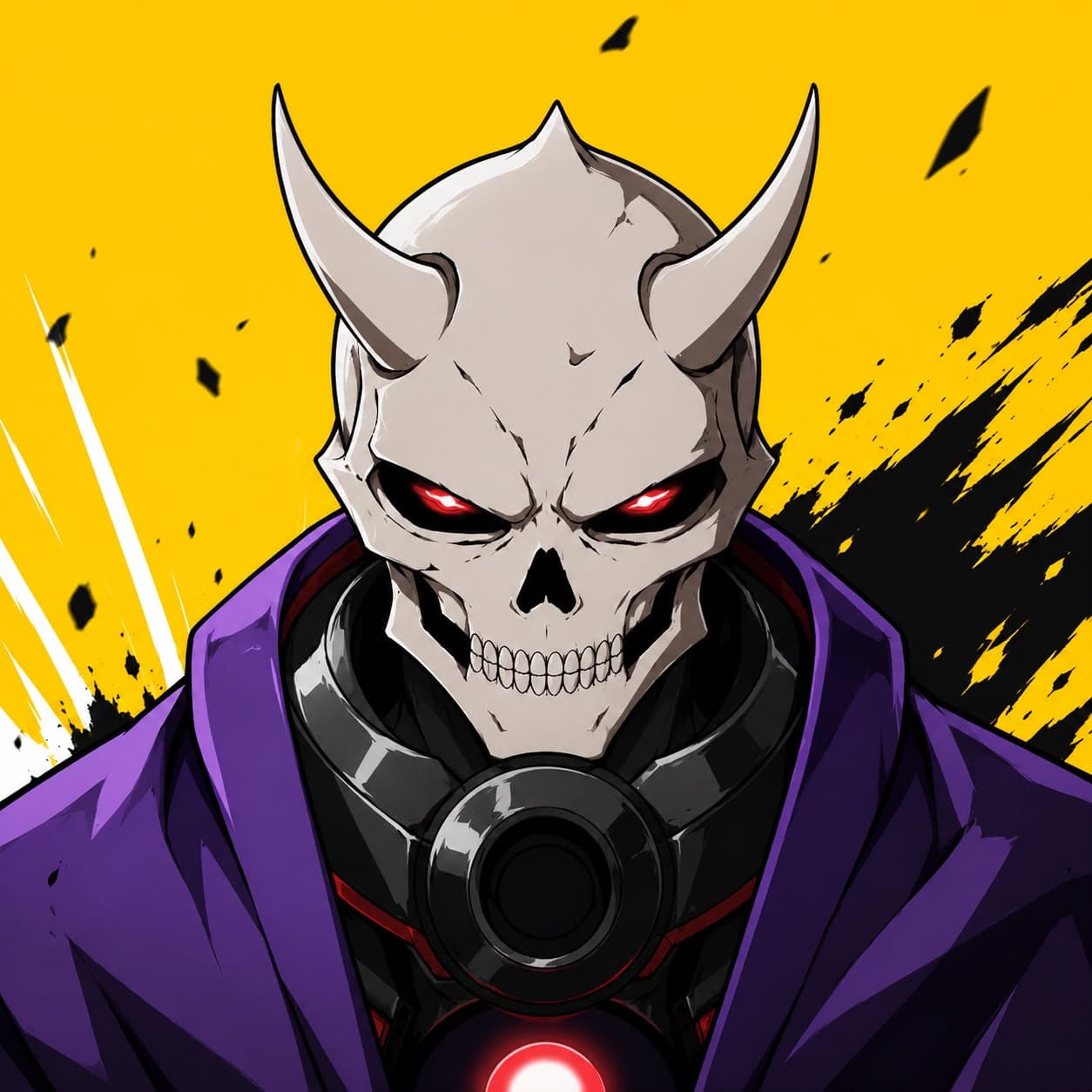 Sneak peek — horned oni skull Inker in a purple cloak on a slashed gold field